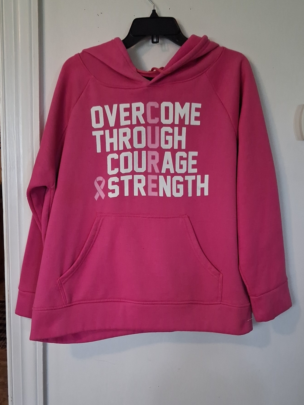Pink Motivational Pullover Hoodie with Ribbon Graphic